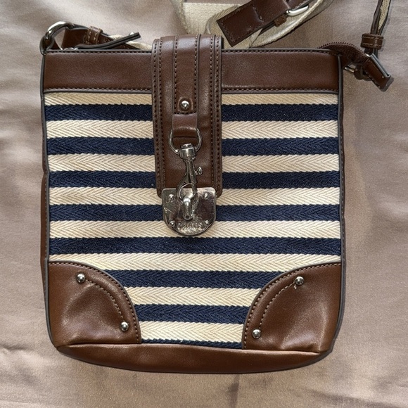 Chaps Ralph Lauren Preppy Nautical Stripe Crossbody Bag Navy Cream & Brown Trim - Picture 12 of 13